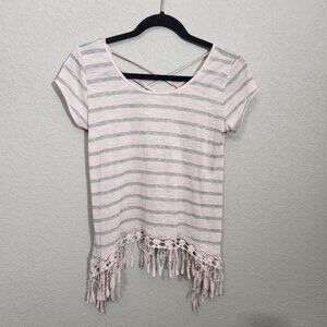 Roommates Top Small Pink & Gray Striped Crochet Fringe Crisscross Fairy Festival